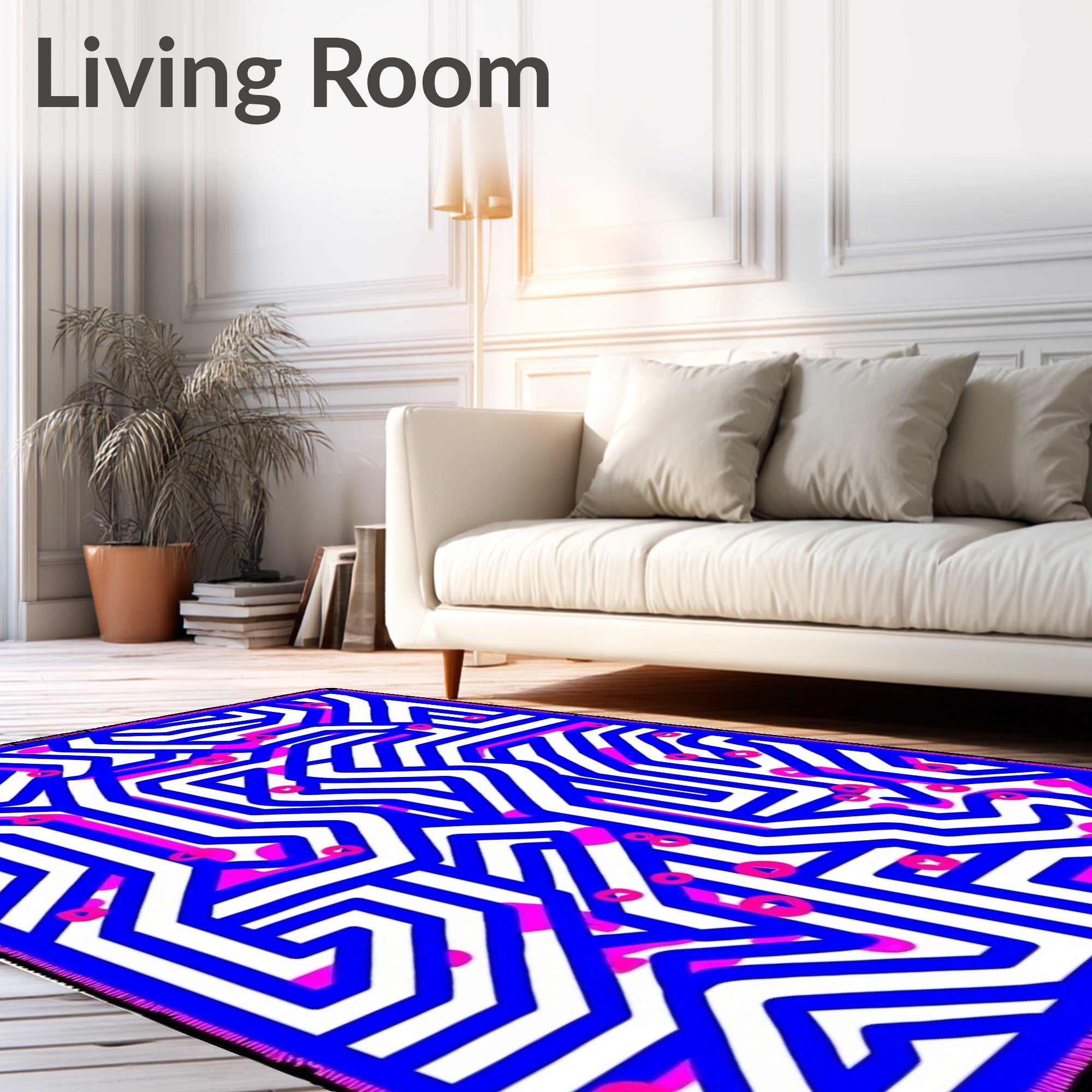 Abstract Blue White Geometric Maze Rug