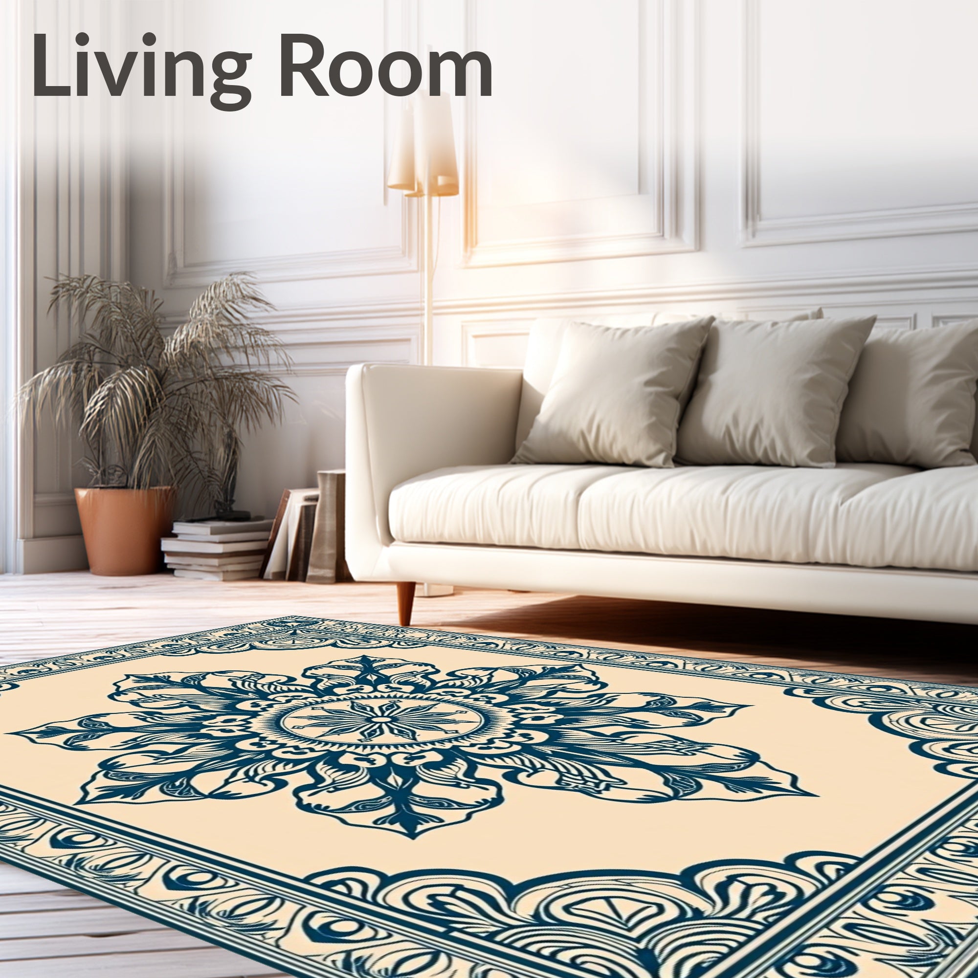Navy Blue Floral Medallion Border Rug