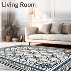 Classic Black White Blue Floral Scroll Rug