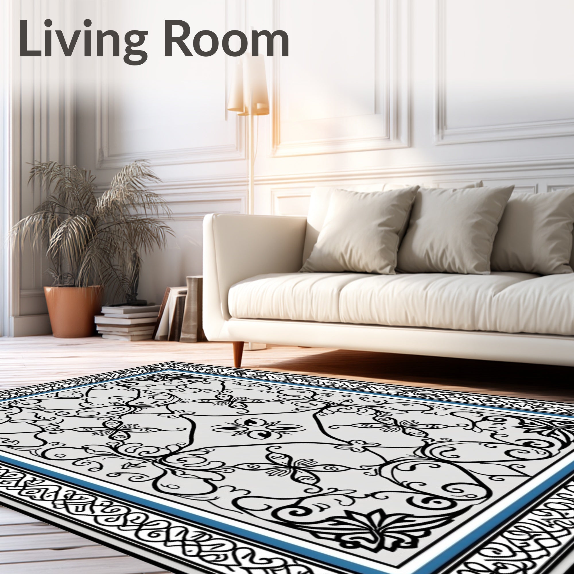 Classic Black White Blue Floral Scroll Rug