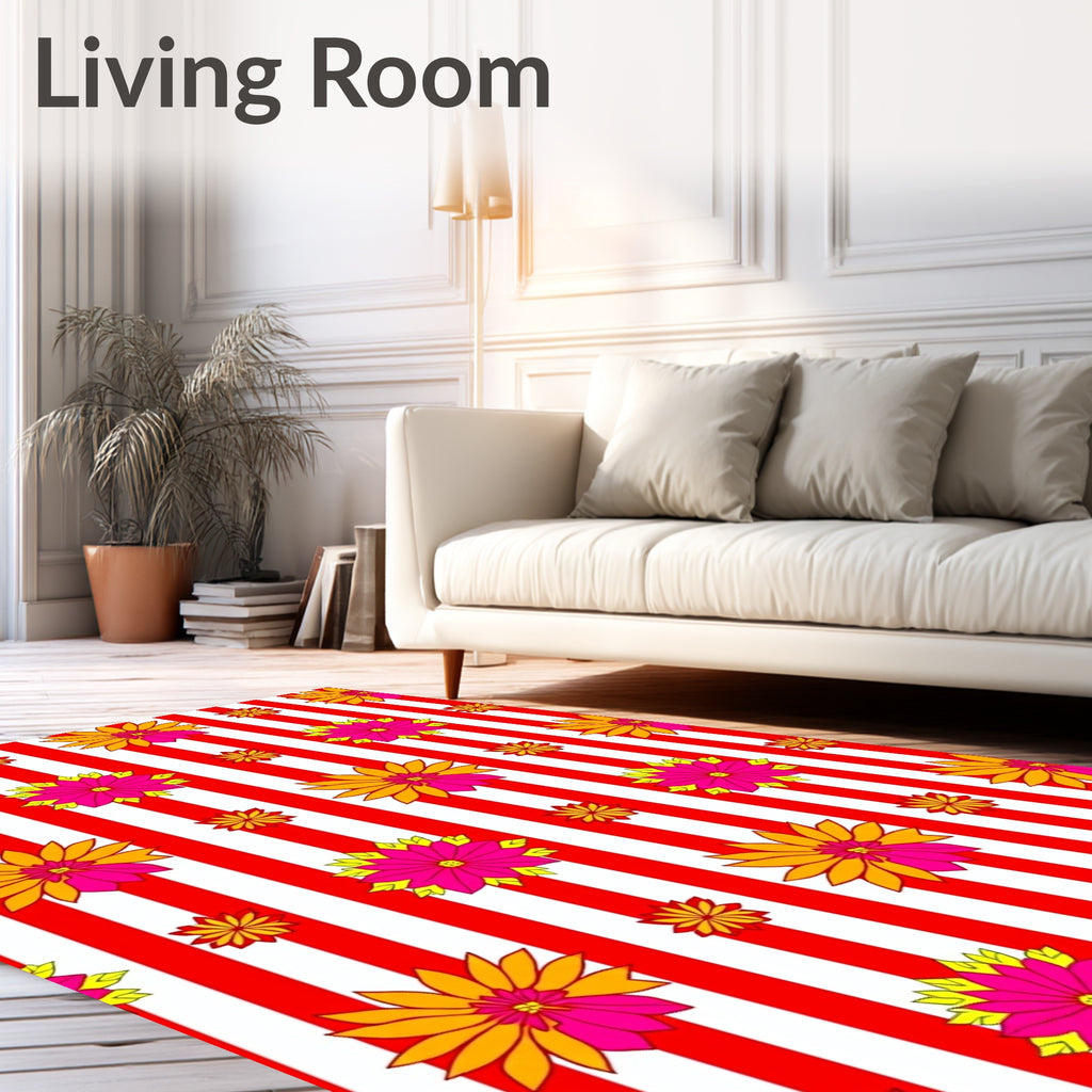 Vibrant Pink Orange Floral Stripe Rug