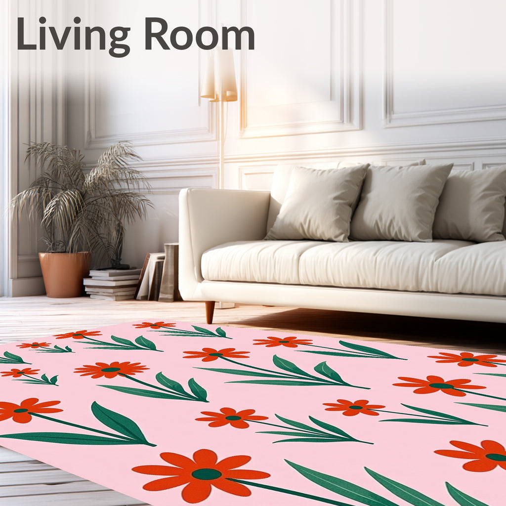 Coral Daisy Garden with Green Leaves Rug