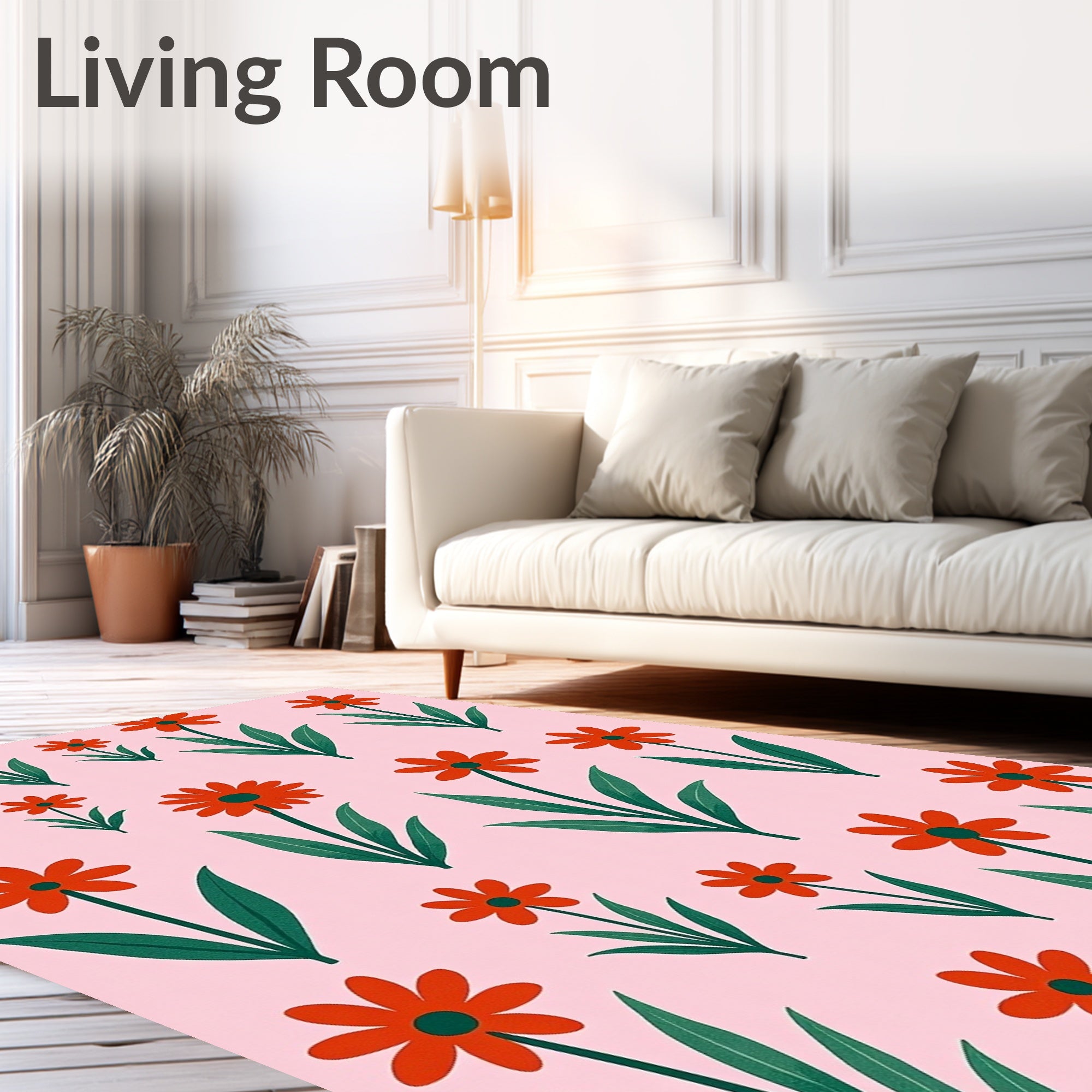 Coral Daisy Garden with Green Leaves Rug