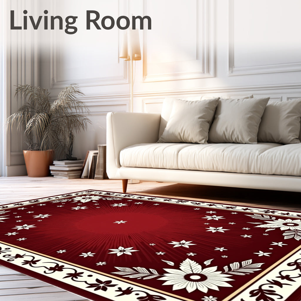 Red Floral Burst Medallion Border Rug