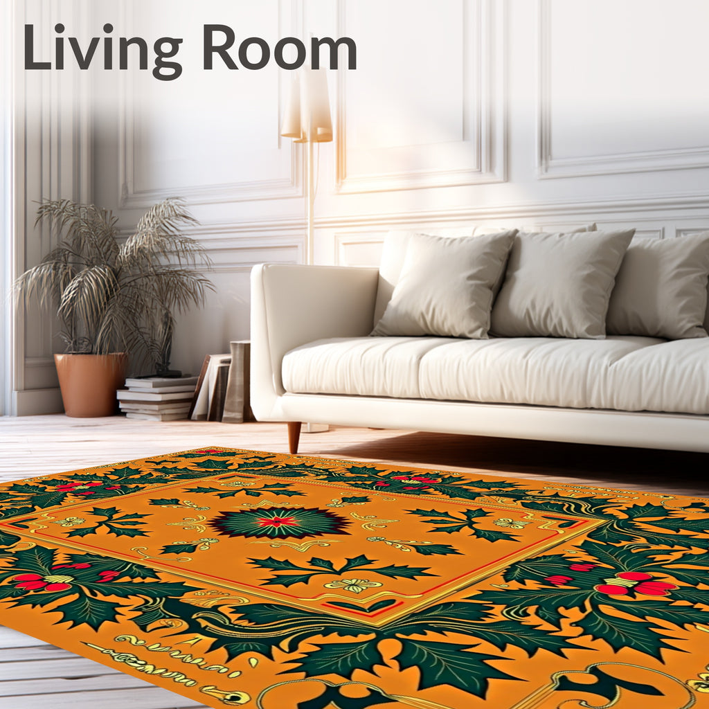Orange Holly Berry Floral Border Rug