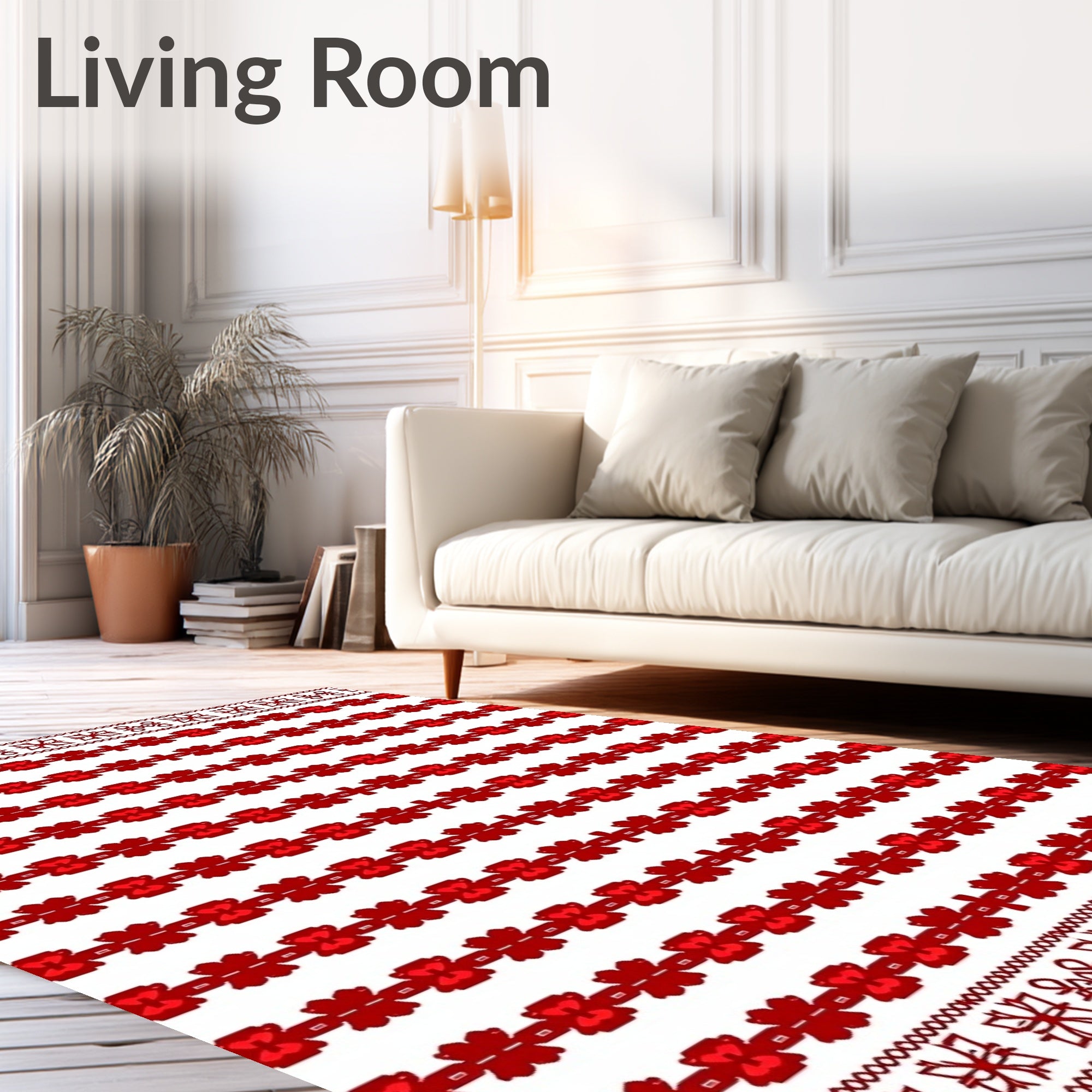 Bold Red Bordered Repeating Flowers Rug