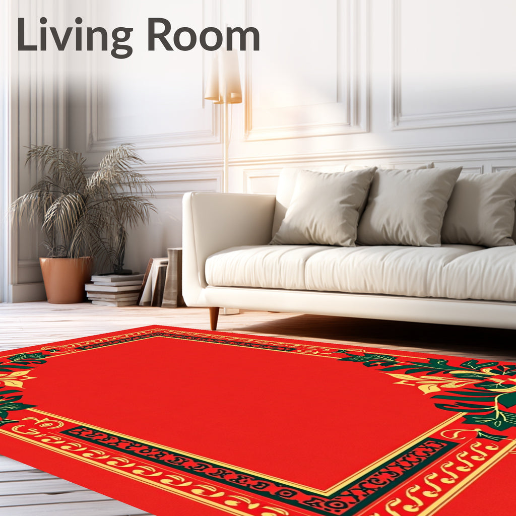 Bold Red Green Floral Border Rug
