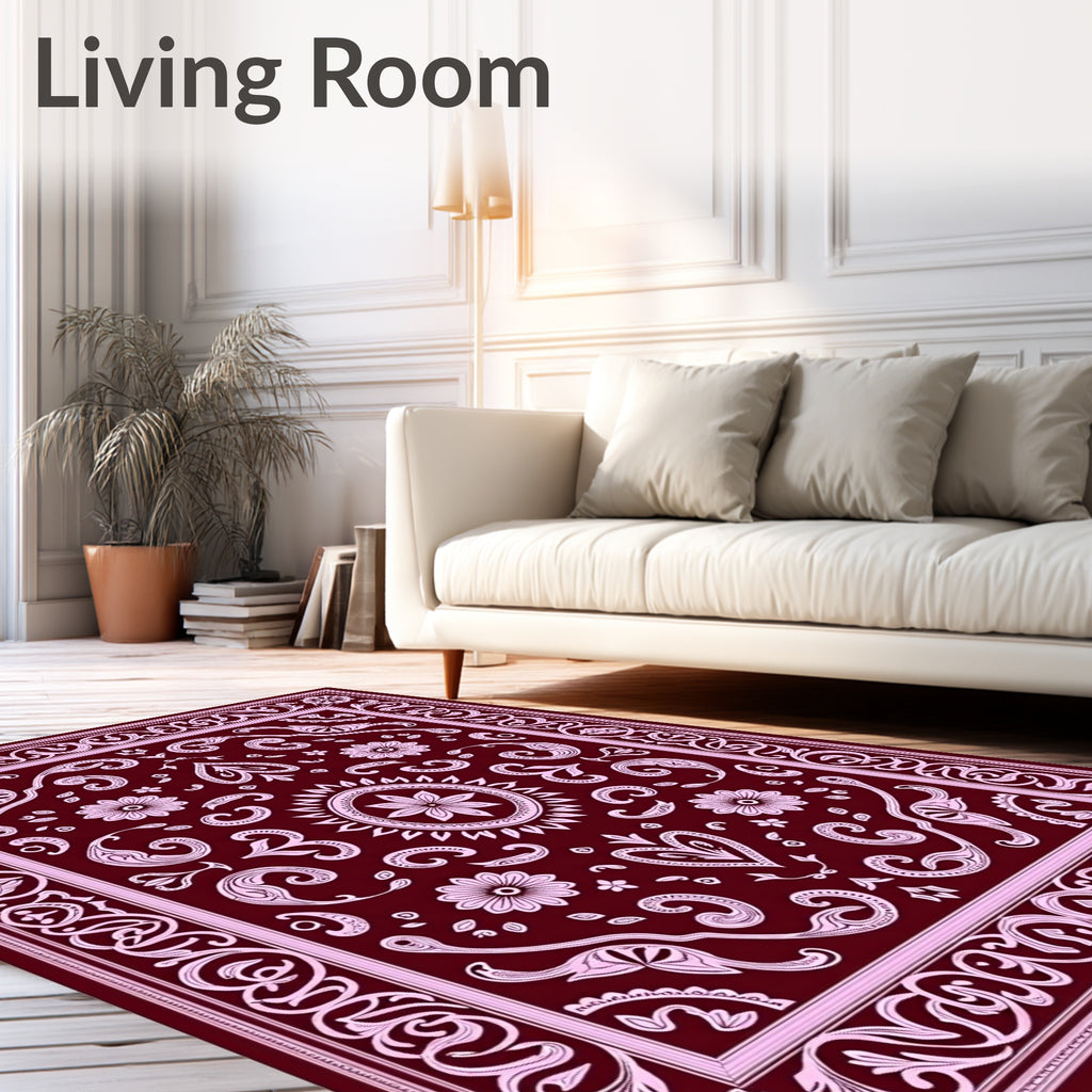 Deep Crimson Floral Scrollwork Overlay Rug