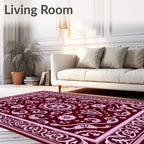 Deep Crimson Floral Scrollwork Overlay Rug