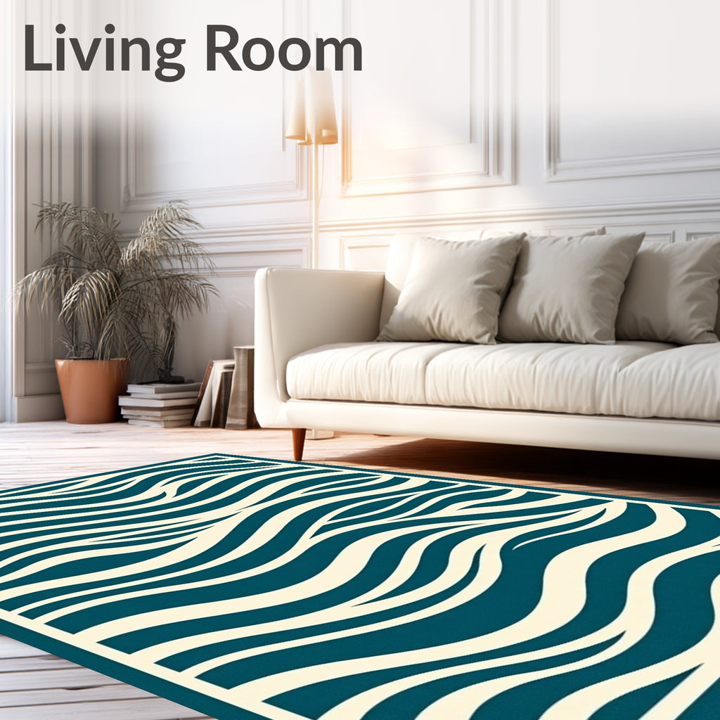 Deep Teal Ivory Flowing Waves Rug