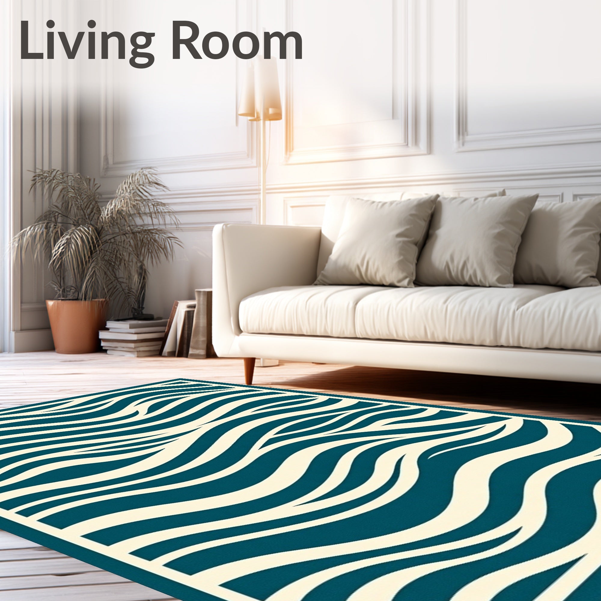 Deep Teal Ivory Flowing Waves Rug