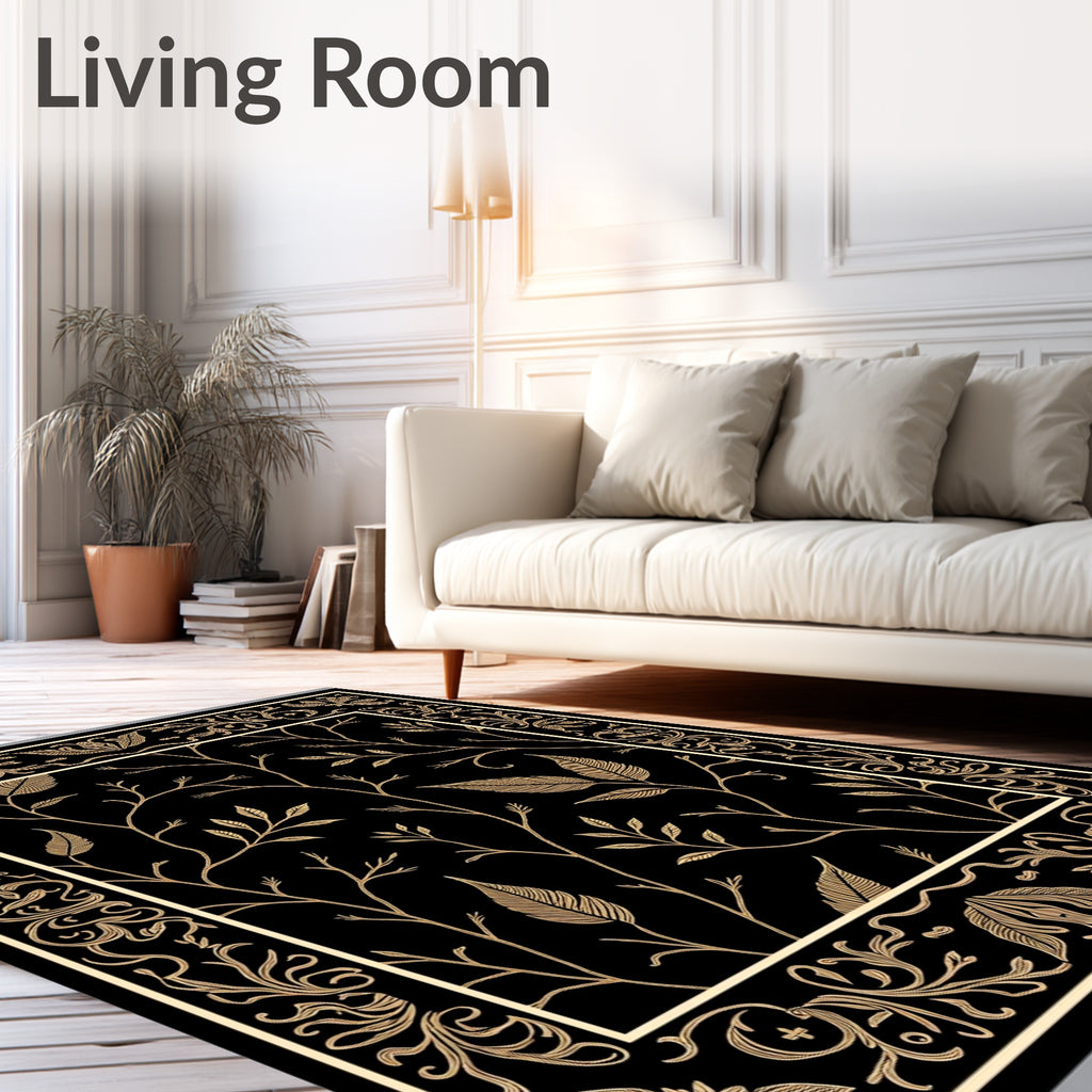 Ornate Black Gold Leaf Branches Rug
