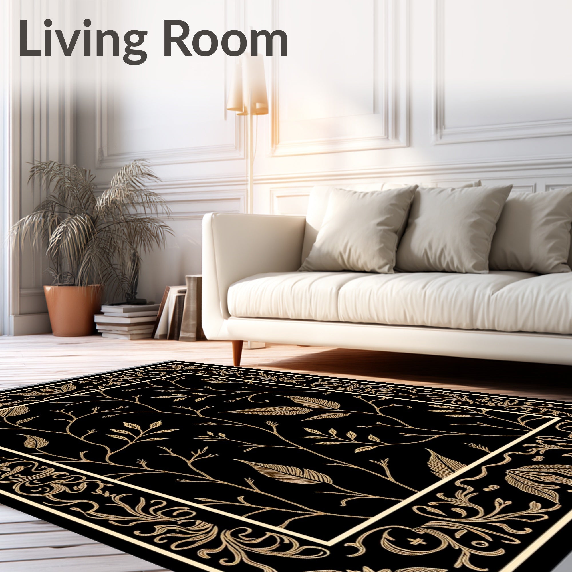 Ornate Black Gold Leaf Branches Rug