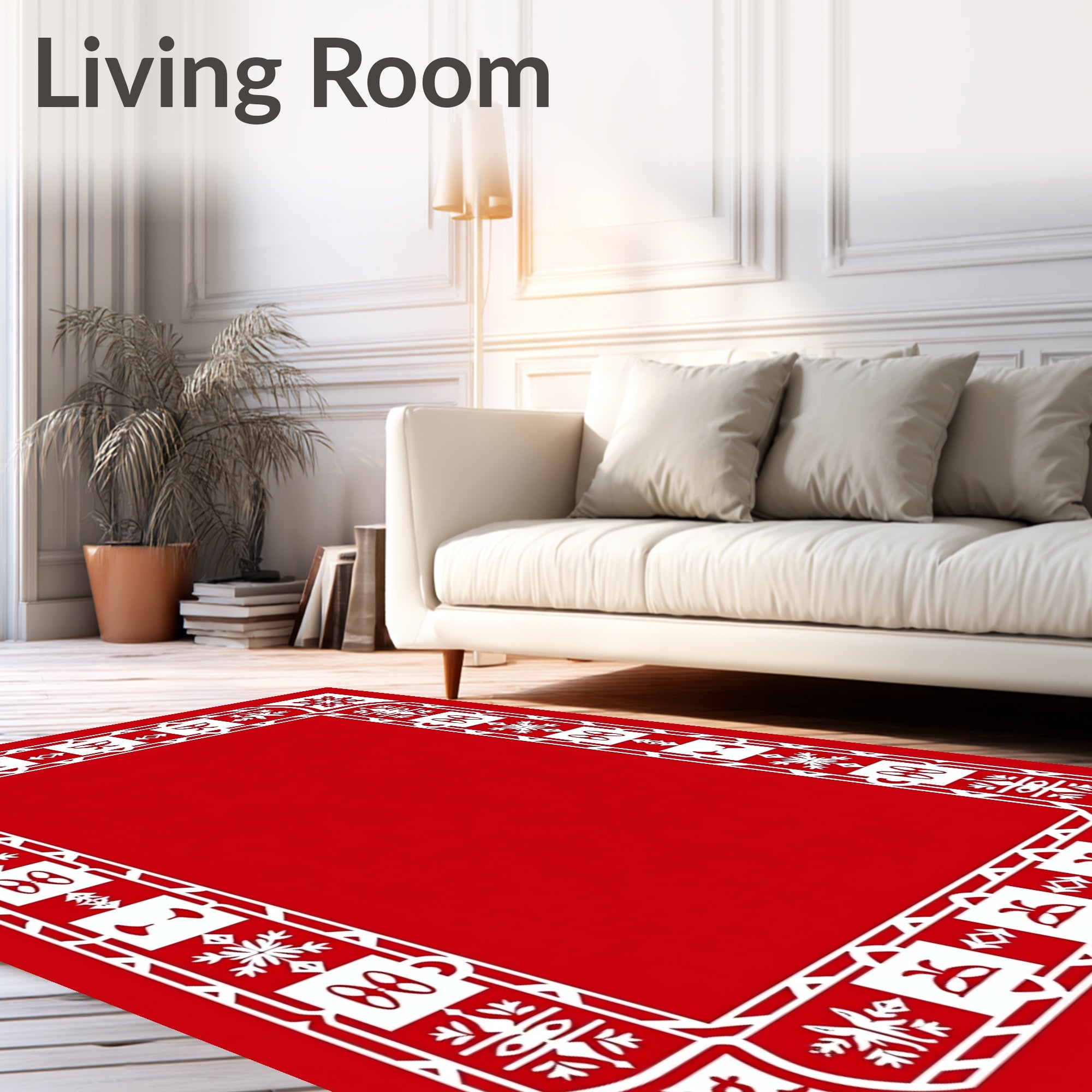 Red White Geometric Festive Snowflake Border Rug