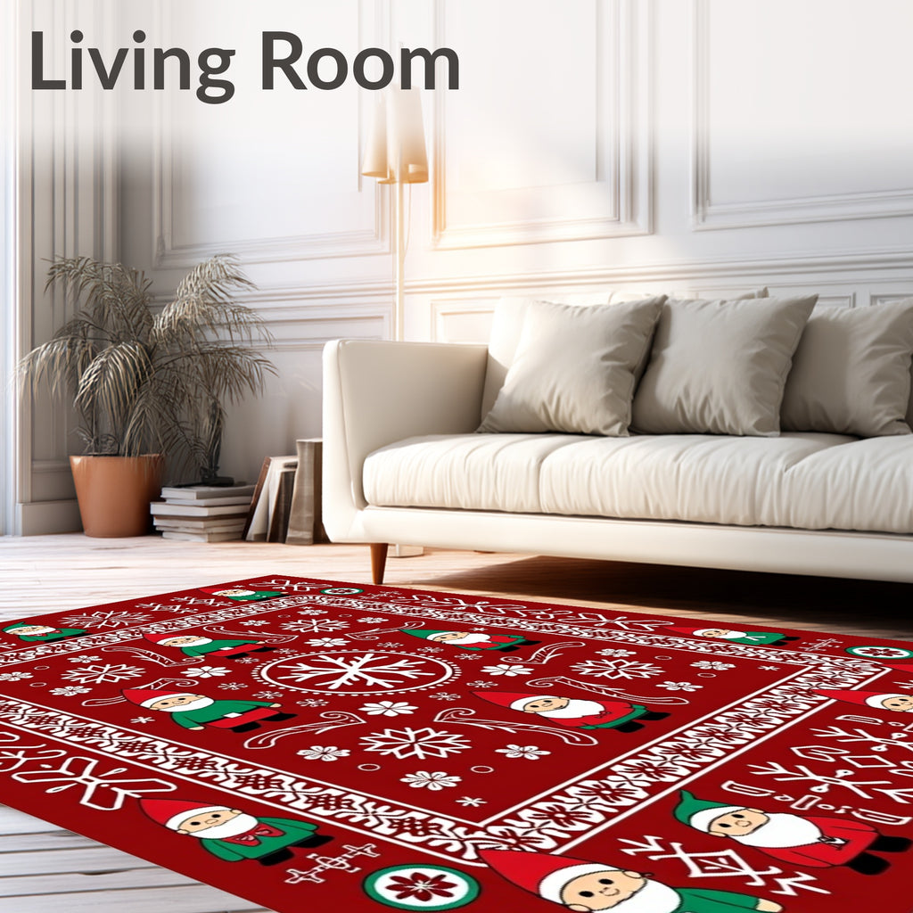 Charming Crimson Gnome Snowflake Swirl Rug
