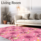 Pink Cartoon Cat Floral Whimsical Rug