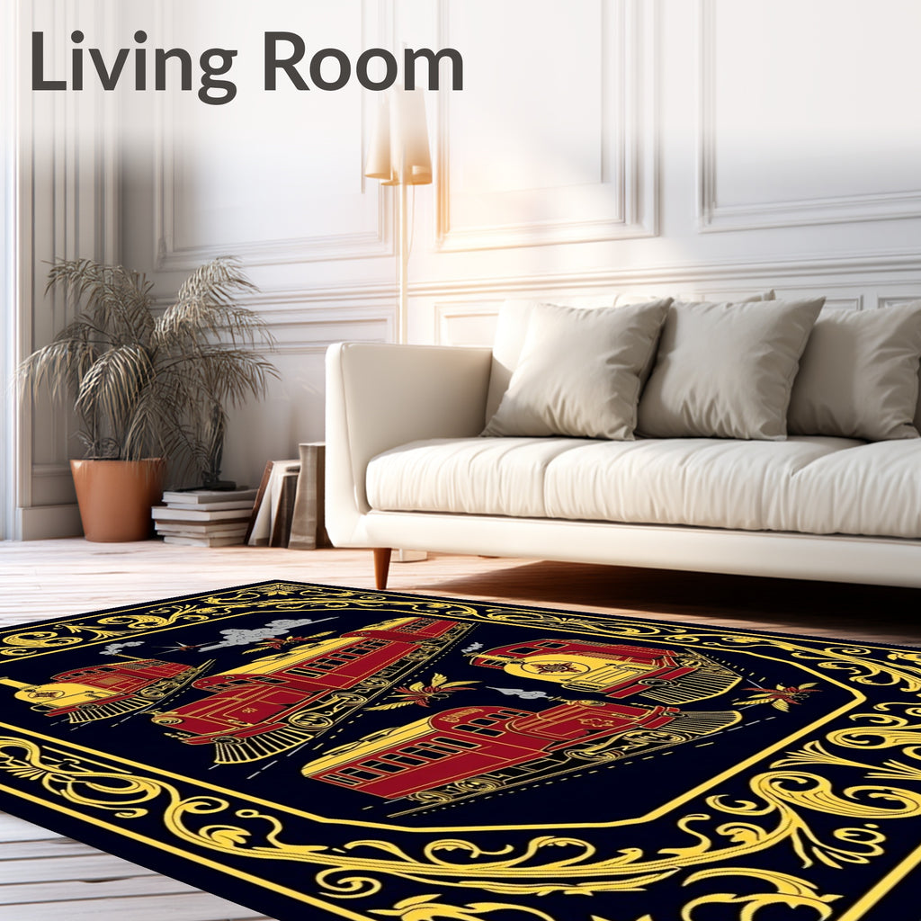 Vintage Red Gold Train Scene Rug