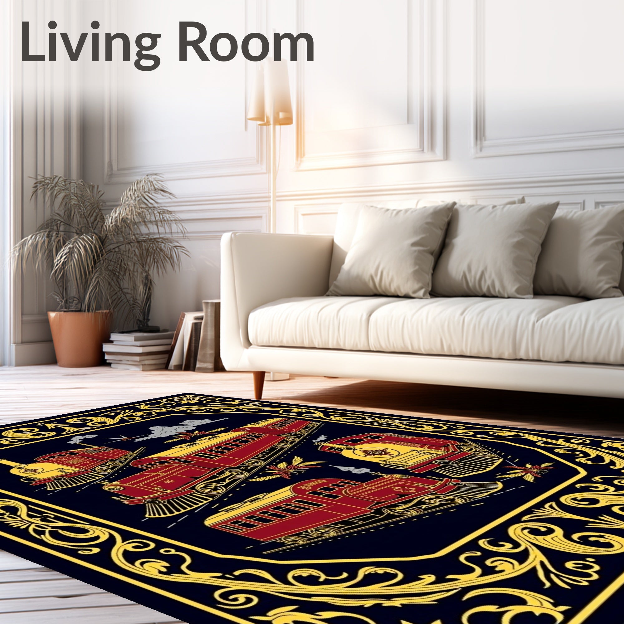 Vintage Red Gold Train Scene Rug