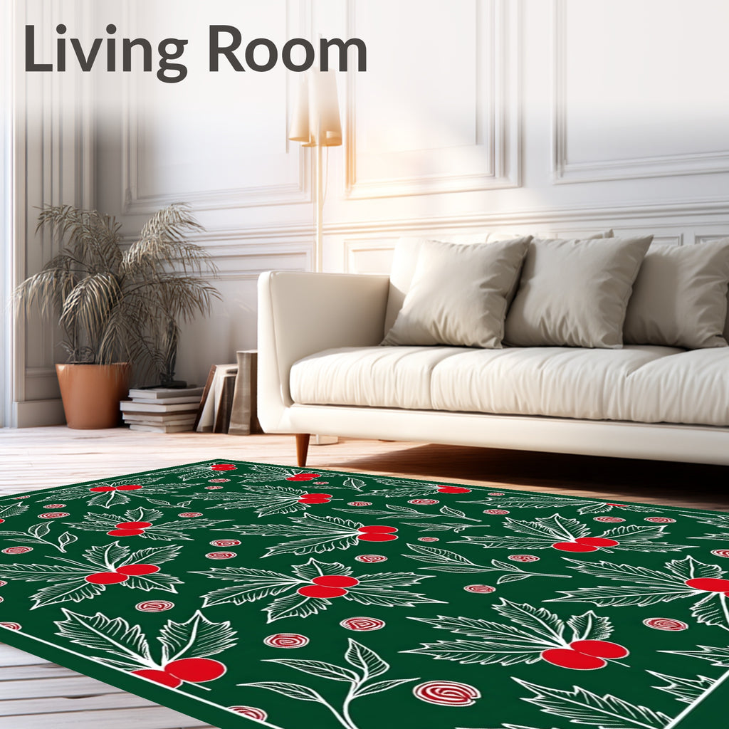 Festive Green Holly Berry Sprigs Rug