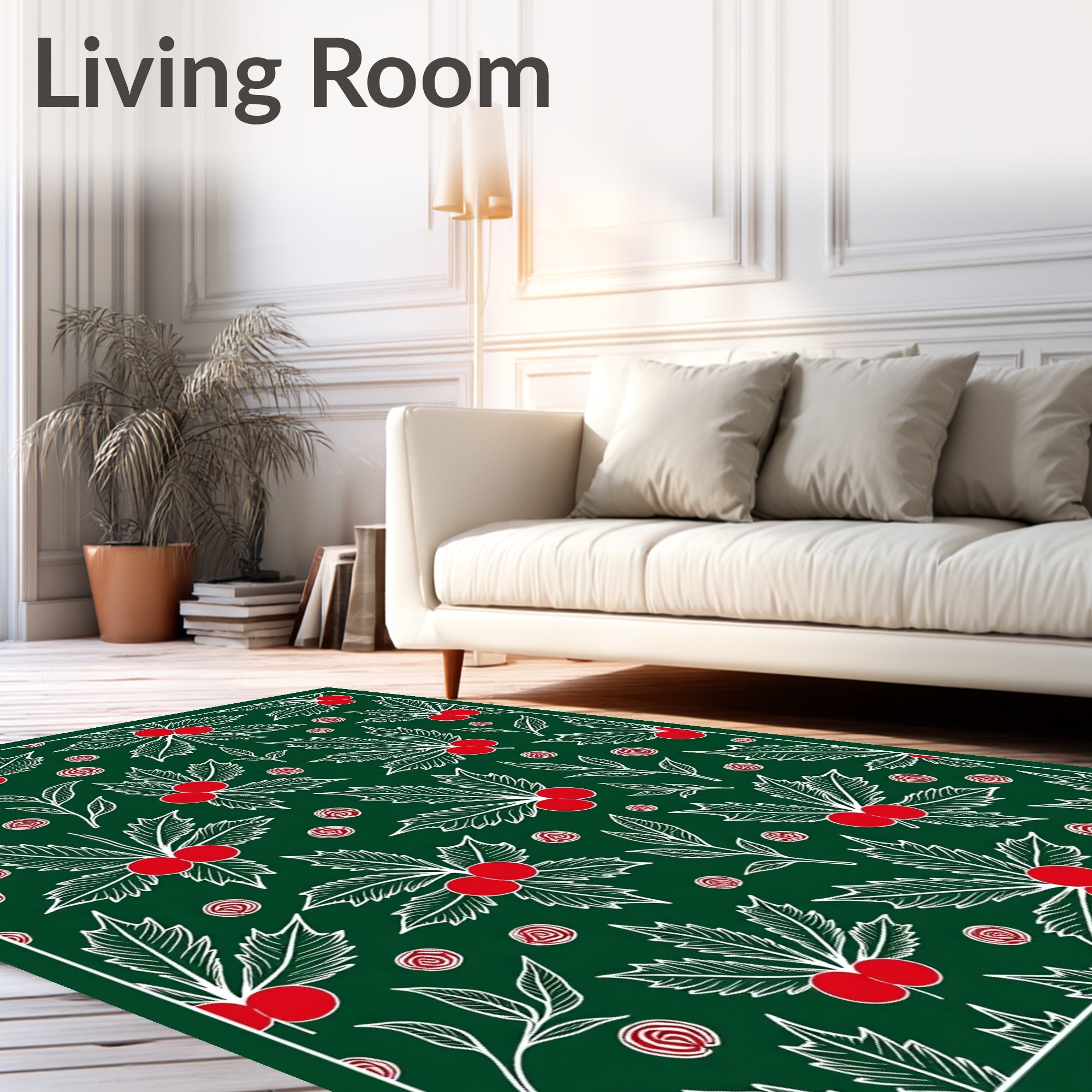 Festive Green Holly Berry Sprigs Rug