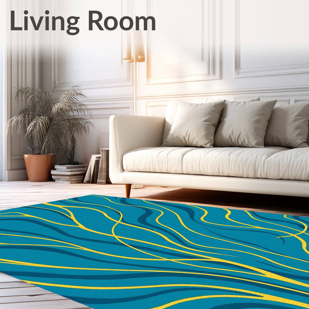 Teal Gold Wavy Line Abstract Rug