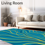 Teal Gold Wavy Line Abstract Rug