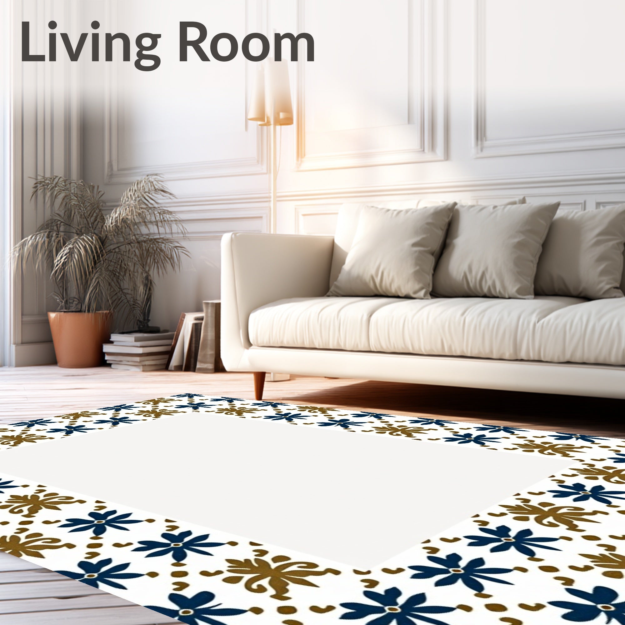 Deep Blue Brown Floral Tile Arrangement Rug