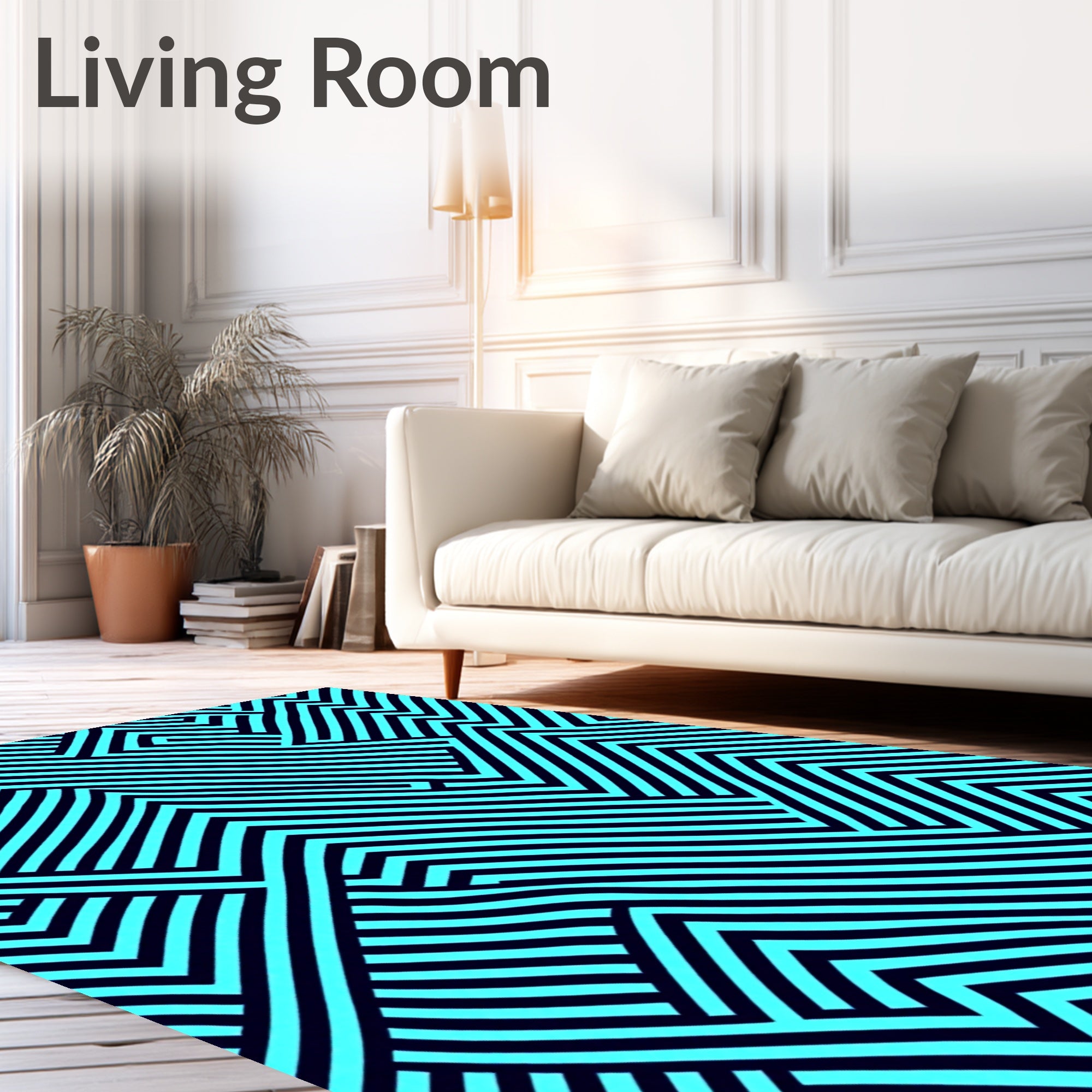Cyan Blue Black Geometric Maze Rug