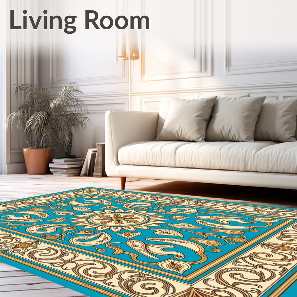 Ornate Teal Gold Floral Medallion Rug