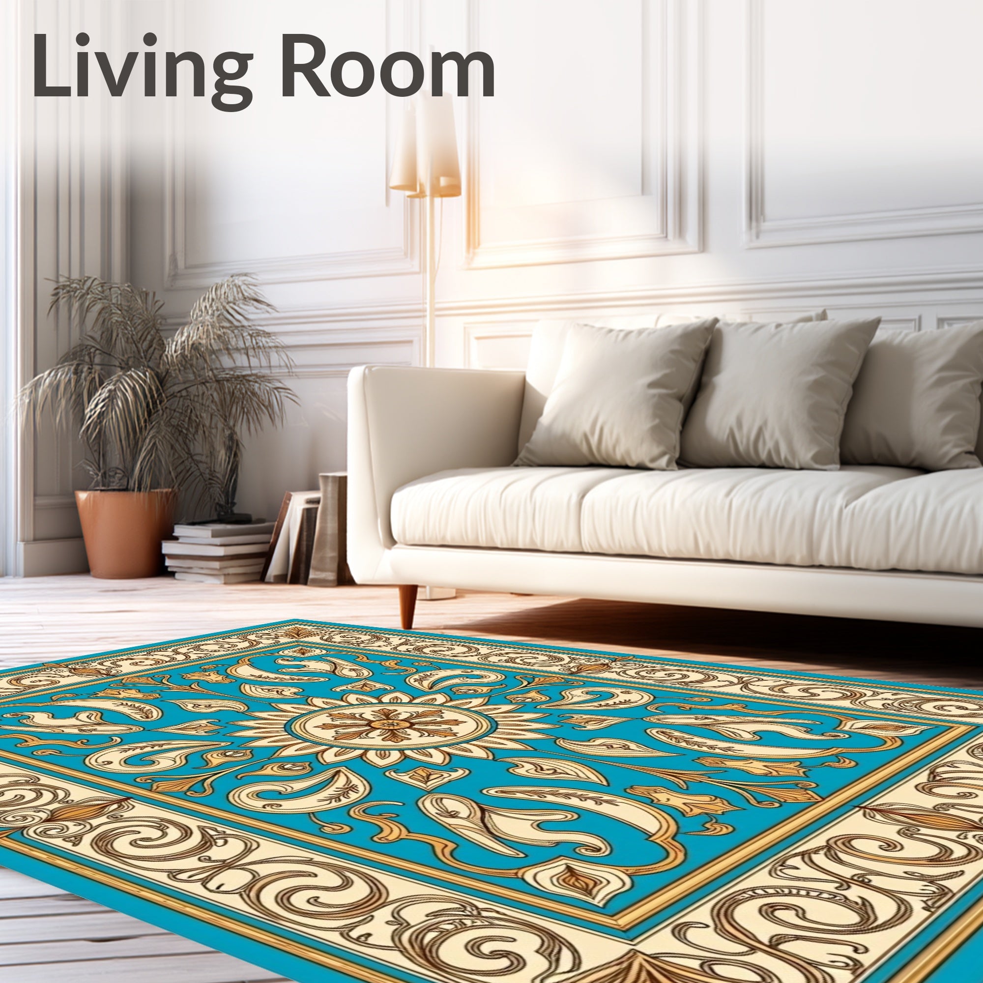 Ornate Teal Gold Floral Medallion Rug