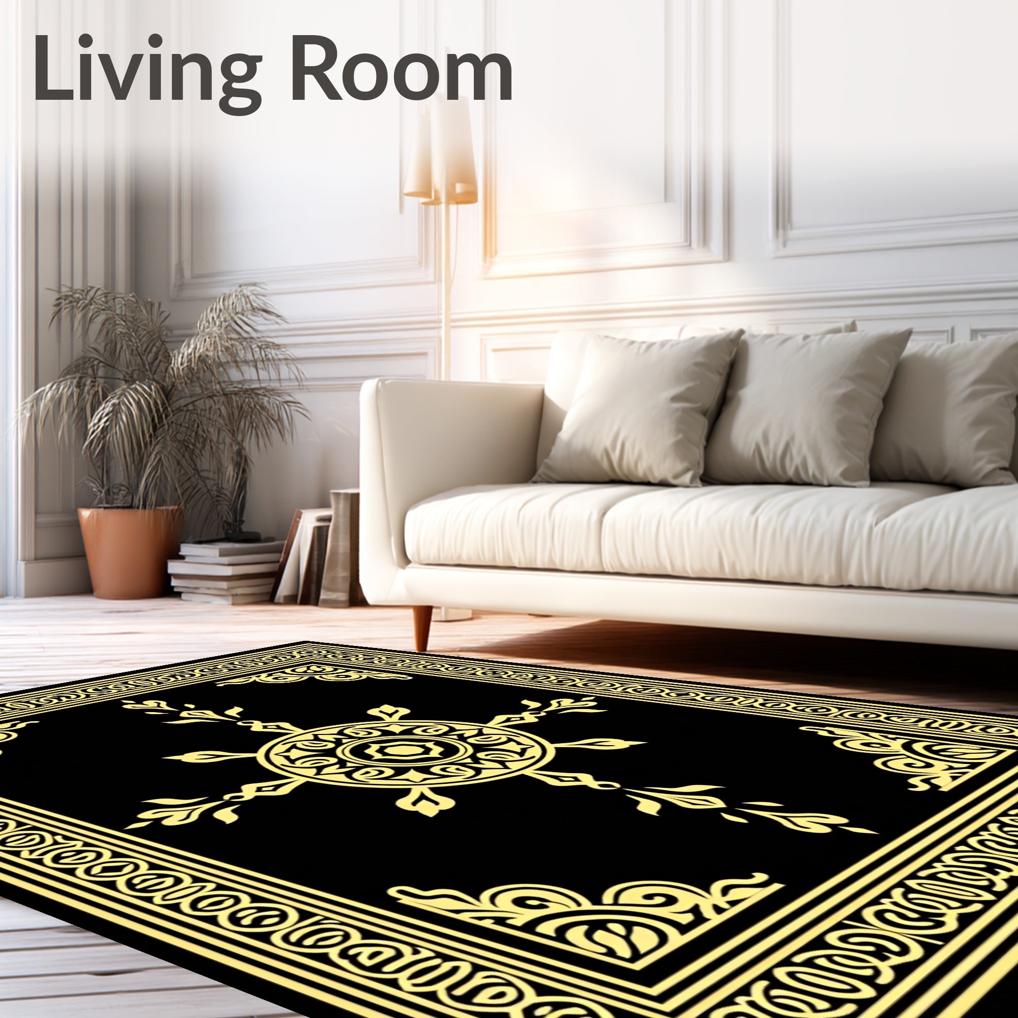 Golden Black Ornate Mandala Medallion Rug