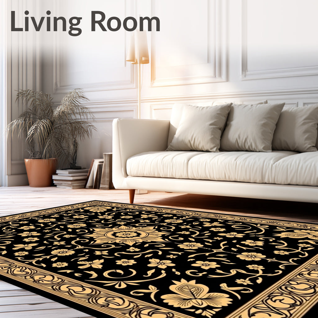 Black Golden Floral Medallion Border Rug