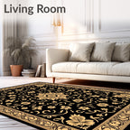 Black Golden Floral Medallion Border Rug