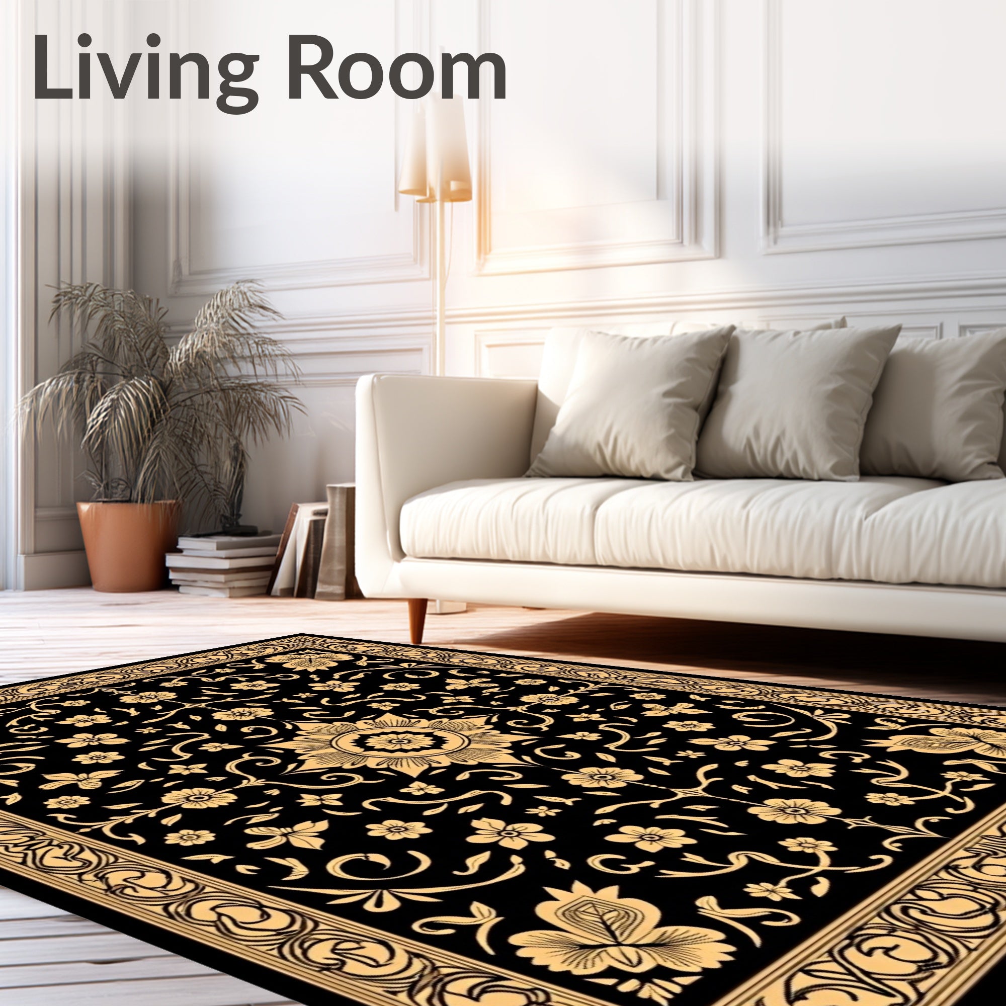 Black Golden Floral Medallion Border Rug