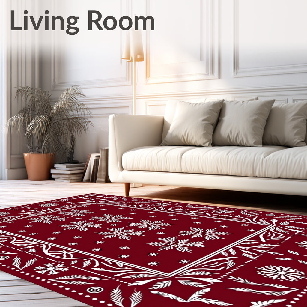 Crimson Snowflakes Botanical Border Rug