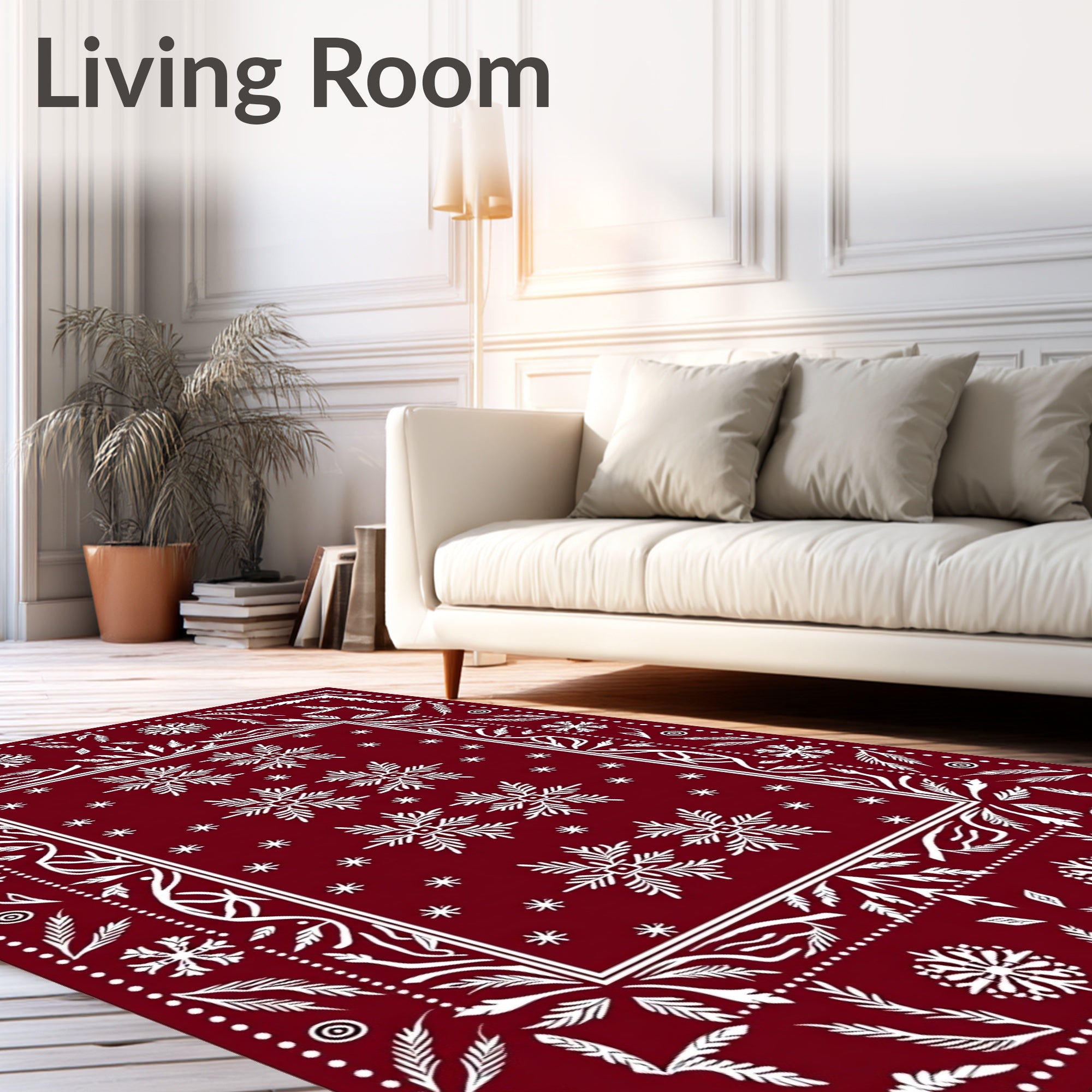 Crimson Snowflakes Botanical Border Rug