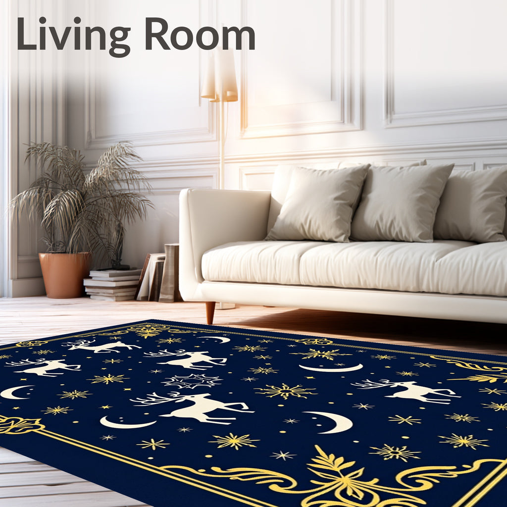 Midnight Navy Celestial Reindeer Moonscape Rug