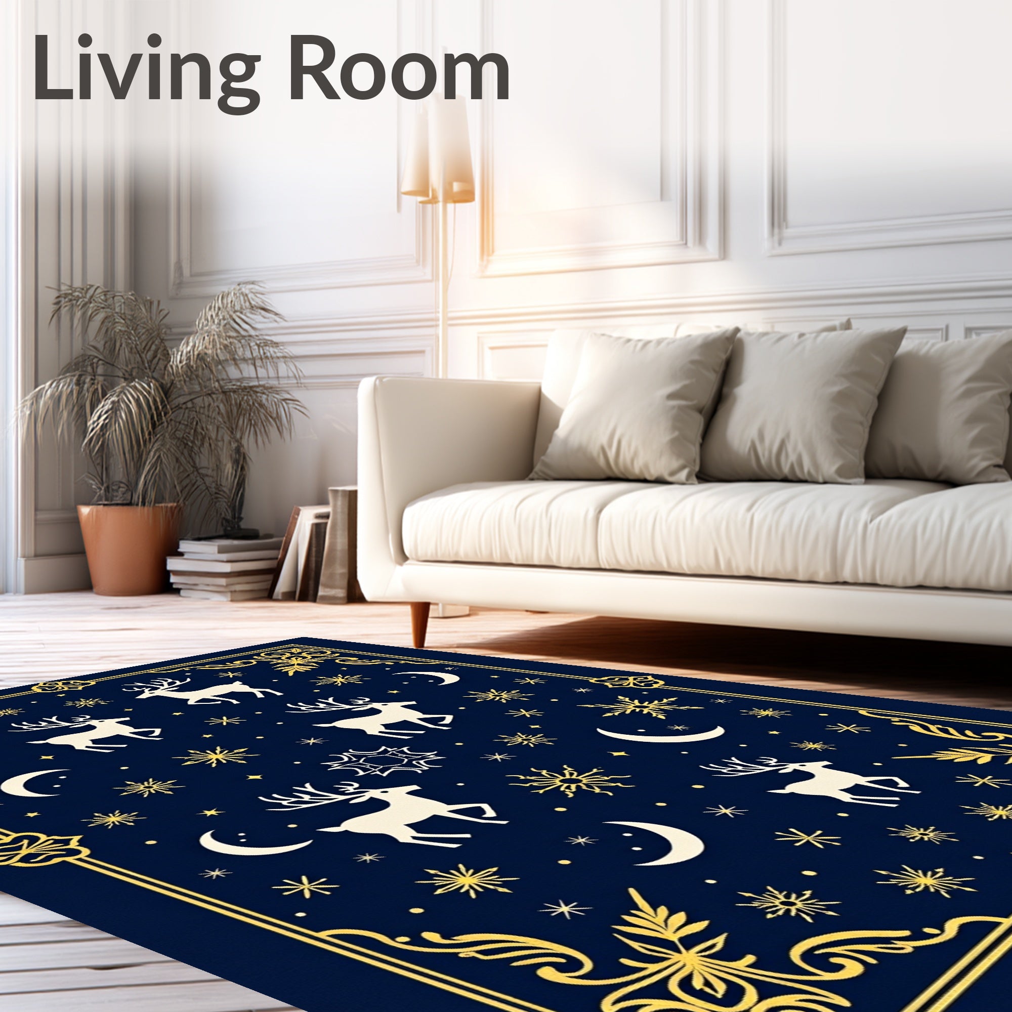 Midnight Navy Celestial Reindeer Moonscape Rug