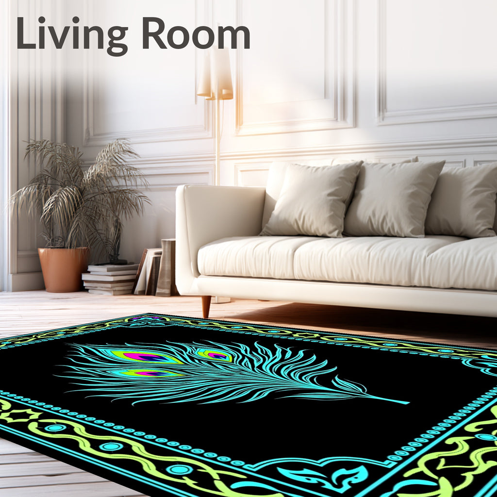 Vibrant Teal Peacock Feather Frame Rug