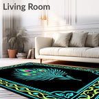 Vibrant Teal Peacock Feather Frame Rug