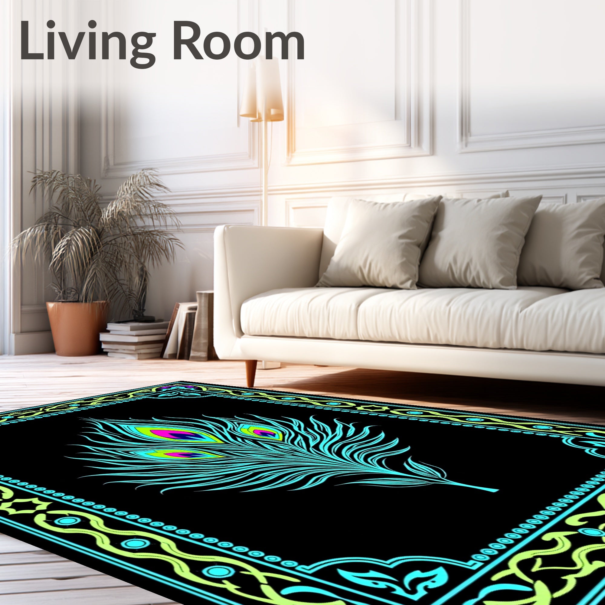 Vibrant Teal Peacock Feather Frame Rug
