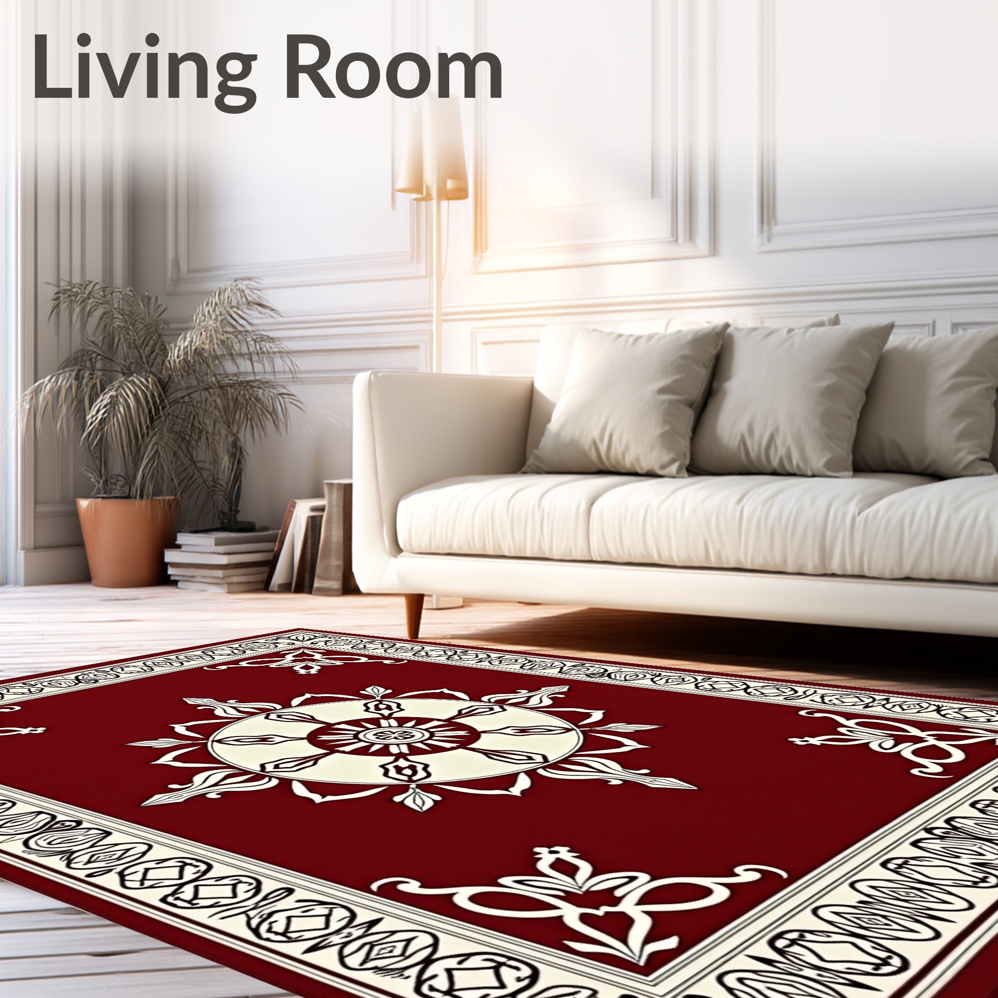 Crimson Ivory Mandala Floral Border Rug