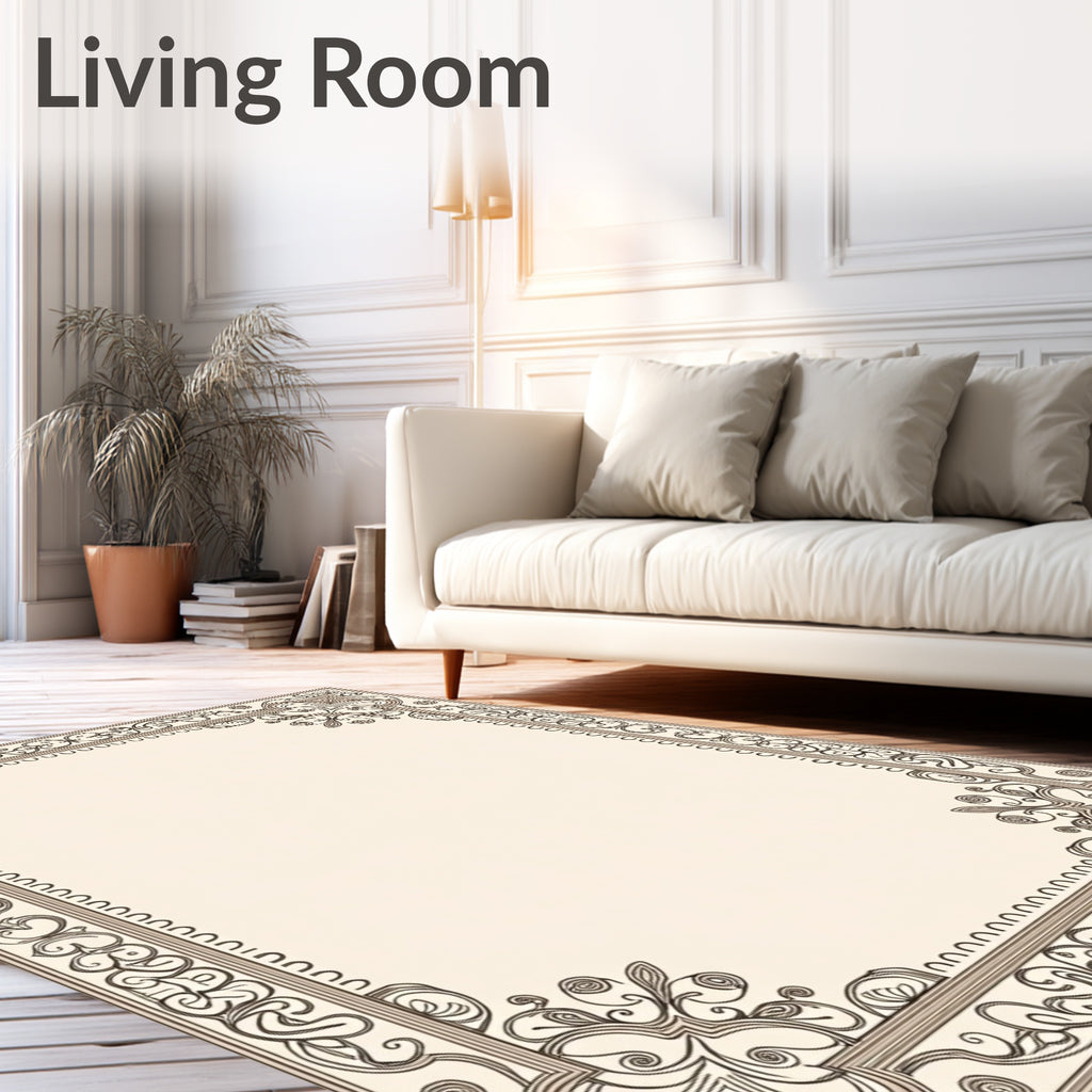 Ornate cream and brown scroll border Rug