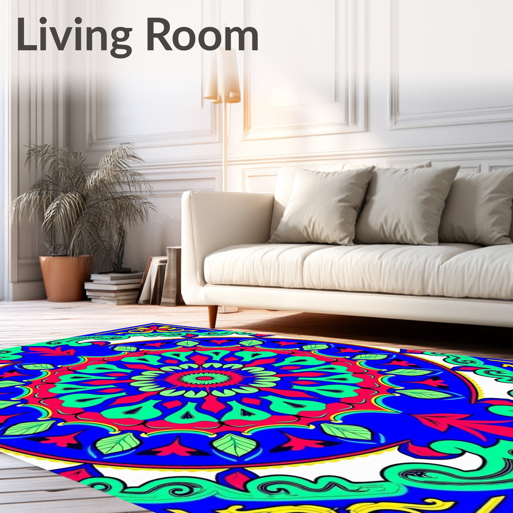 Vibrant Blue Red Green Floral Mandala Rug