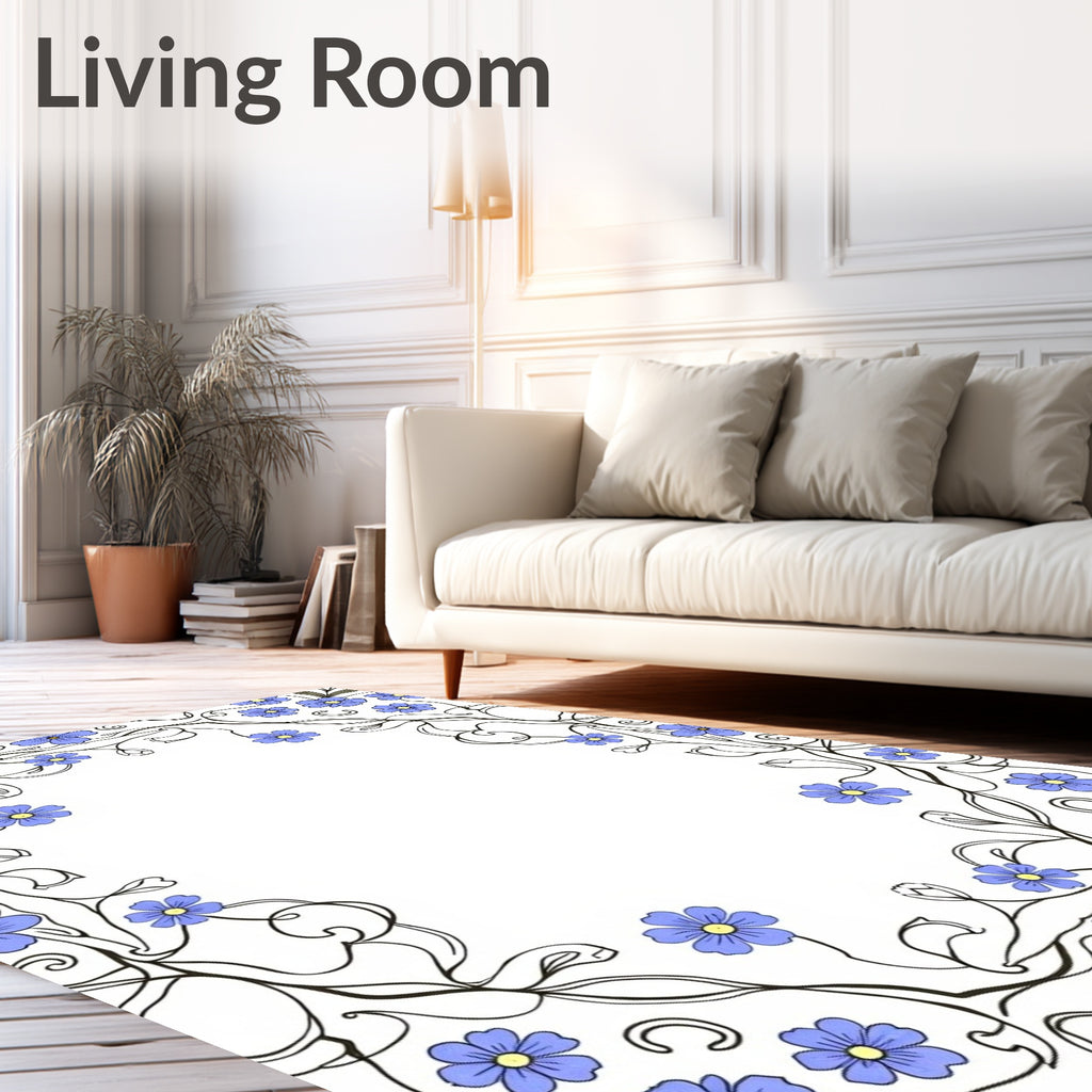 Pastel Blue Floral Vine Border Rug