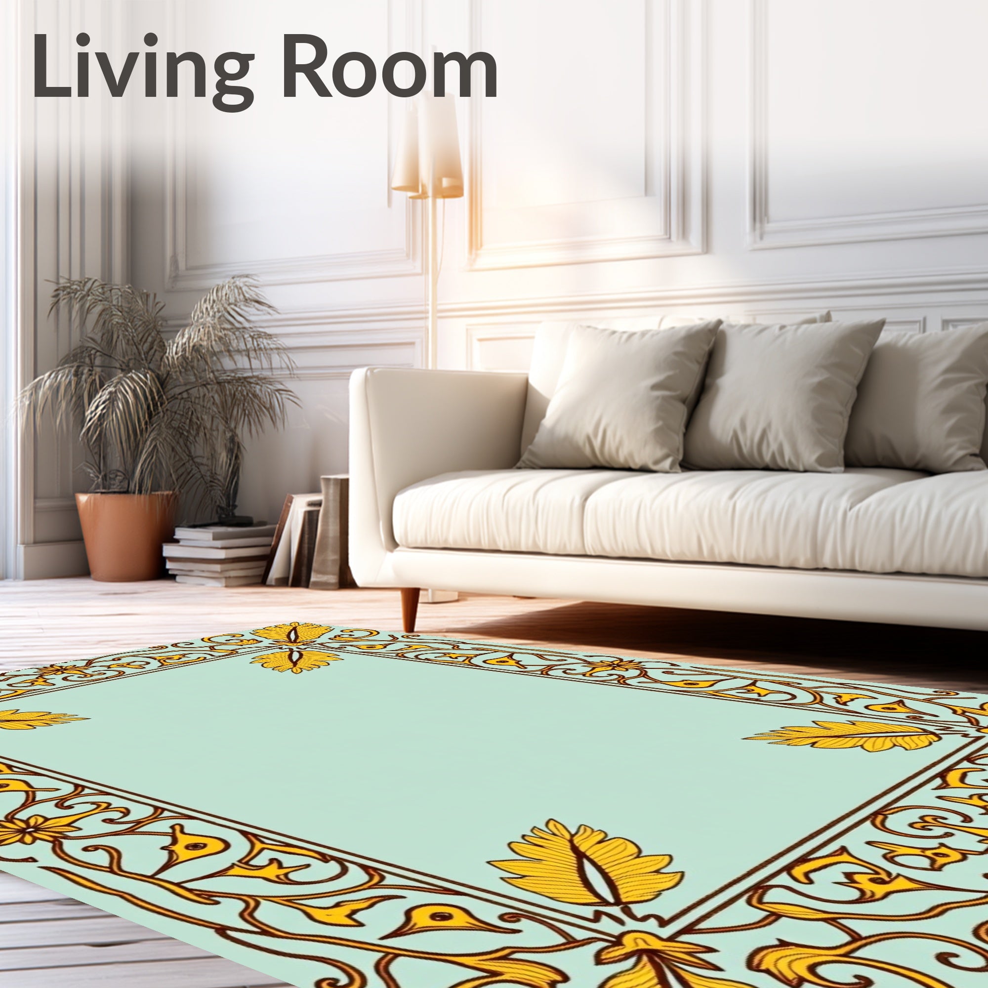 Golden Leaf Bordered Mint Rug