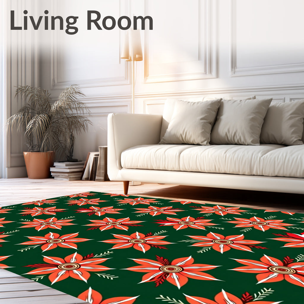 Orange Floral Medallion Dark Green Rug