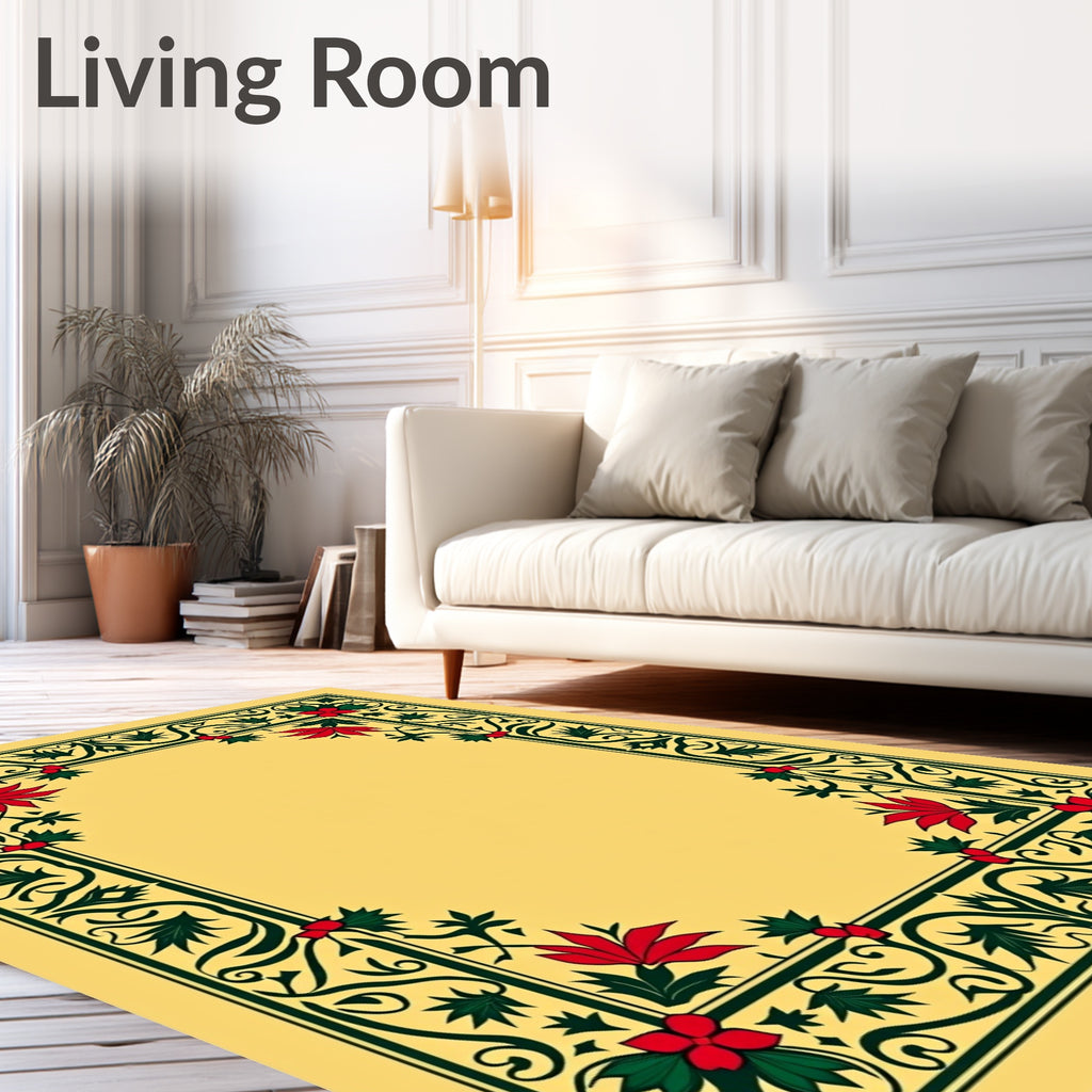 Ornate Red Floral Green Vine Border Rug