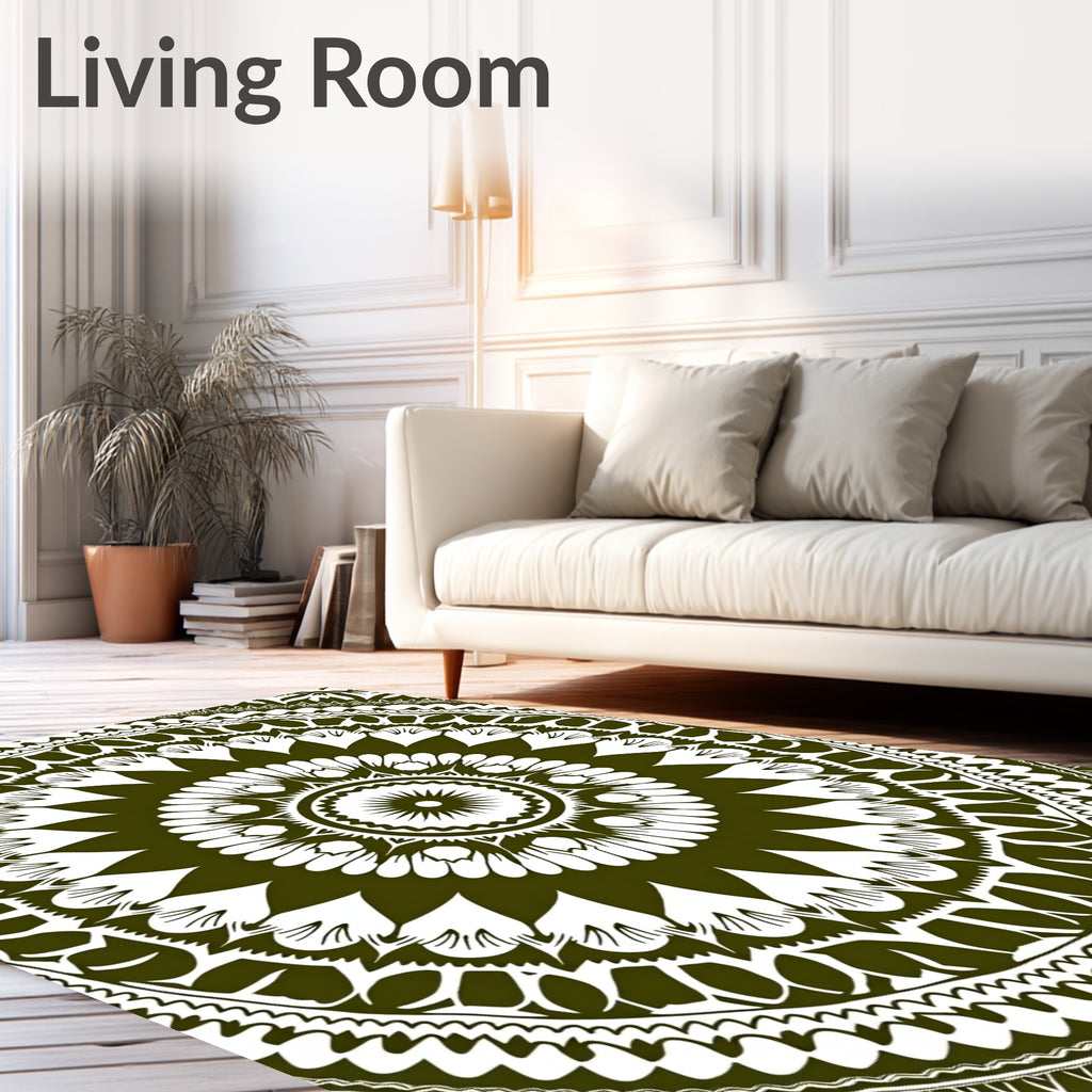 Deep Olive Green Radial Mandala Rug