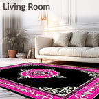 Vibrant Pink Black Floral Medallion Border Rug